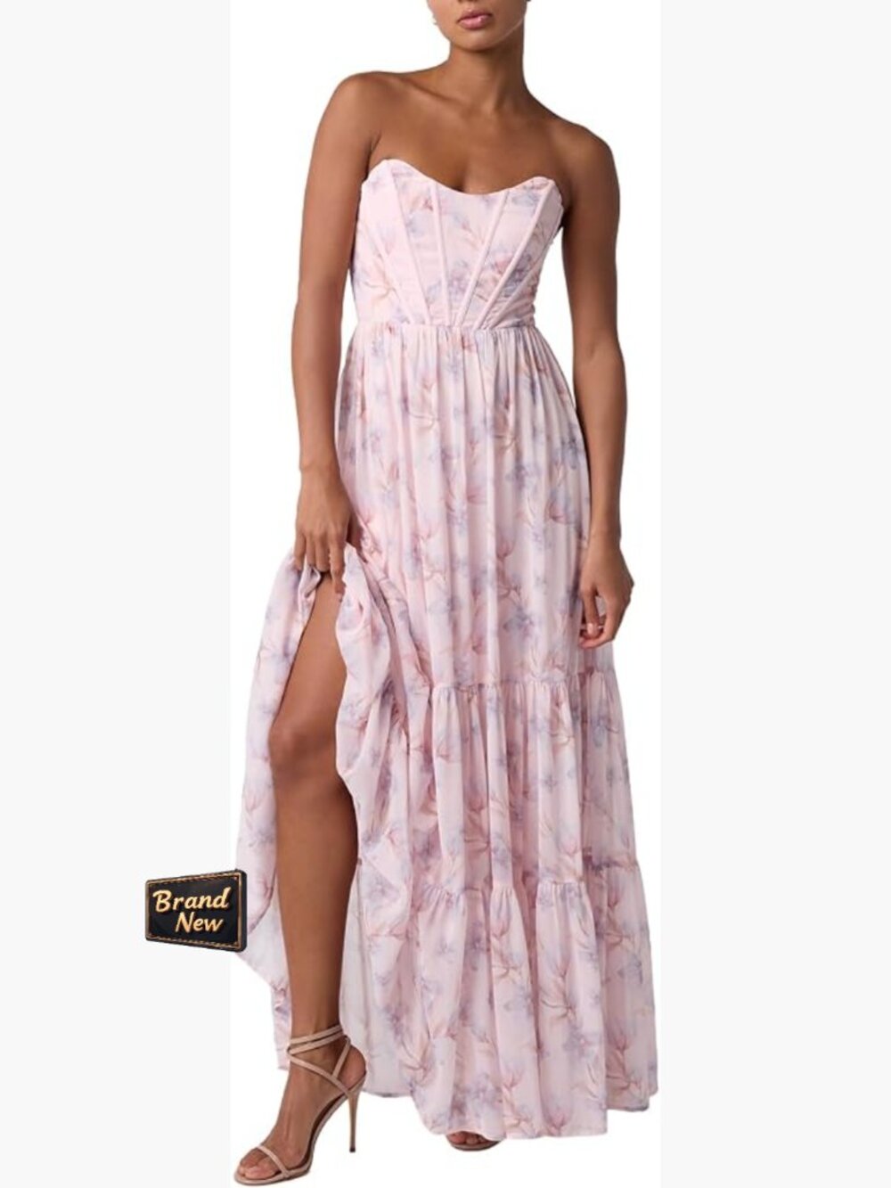 Strapless Corset Floral Maxi Dress with Boning - Formal Prom Wedding Guest Gown